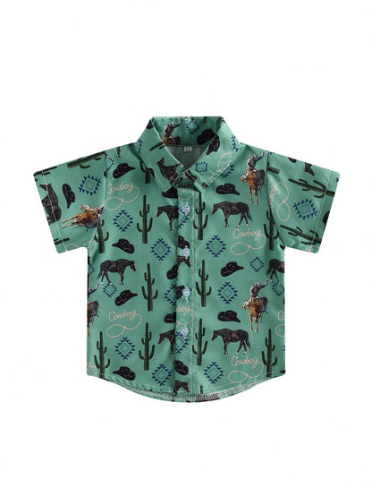 Western Baby Boy Clothes Button Down Short Sleeve Shirts Country Cowboy Dress Shirt Tops Summer Vintage Clothes