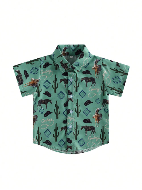Western Baby Boy Clothes Button Down Short Sleeve Shirts Country Cowboy Dress Shirt Tops Summer Vintage Clothes