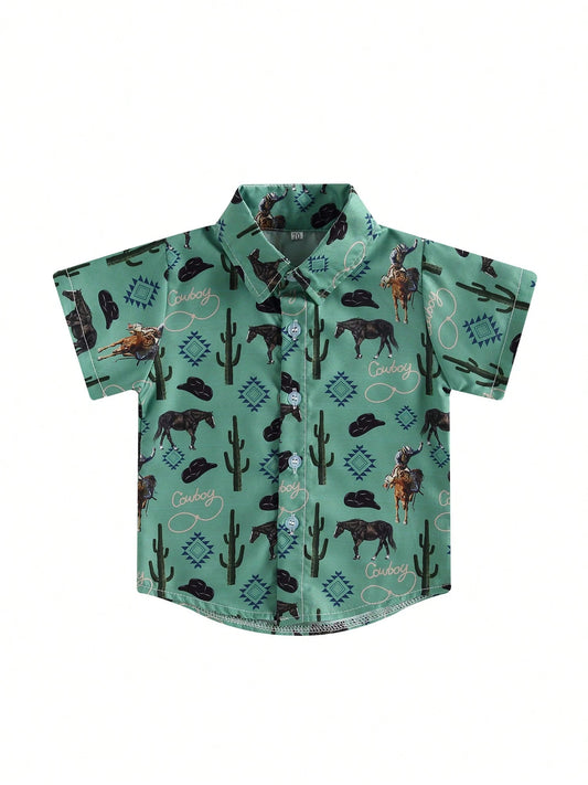 Western Baby Boy Clothes Button Down Short Sleeve Shirts Country Cowboy Dress Shirt Tops Summer Vintage Clothes