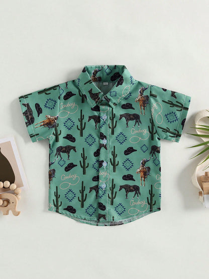 Western Baby Boy Clothes Button Down Short Sleeve Shirts Country Cowboy Dress Shirt Tops Summer Vintage Clothes