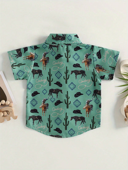 Western Baby Boy Clothes Button Down Short Sleeve Shirts Country Cowboy Dress Shirt Tops Summer Vintage Clothes