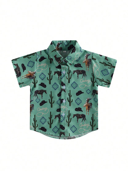 Western Baby Boy Clothes Button Down Short Sleeve Shirts Country Cowboy Dress Shirt Tops Summer Vintage Clothes