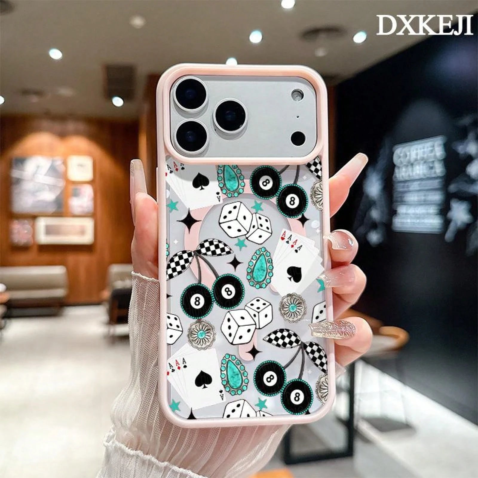 Western Bohemia No. 8 Ball Cherry Playing Cards Pattern Magnetic MagSafe Phone Case For IPhone 17 Air/16 Pro Max 15 Pro 14 13 12 11 Plus Shockproof Slim Protective Cover Casing