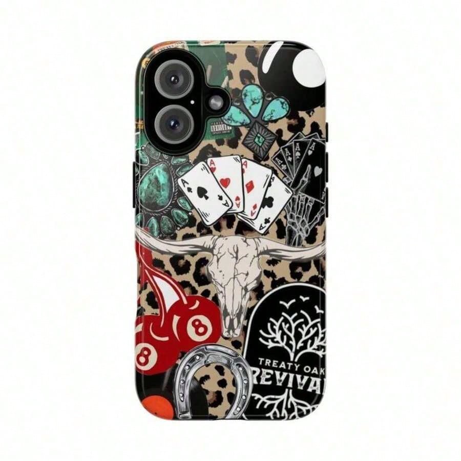 Western Leopard Phone Case, Cherries Skull Horseshoe Vinyl Treaty Oak Revival With Country Rock Vibes, Play Now Aesthetic Gift, 17 16 15 14 13 12 11