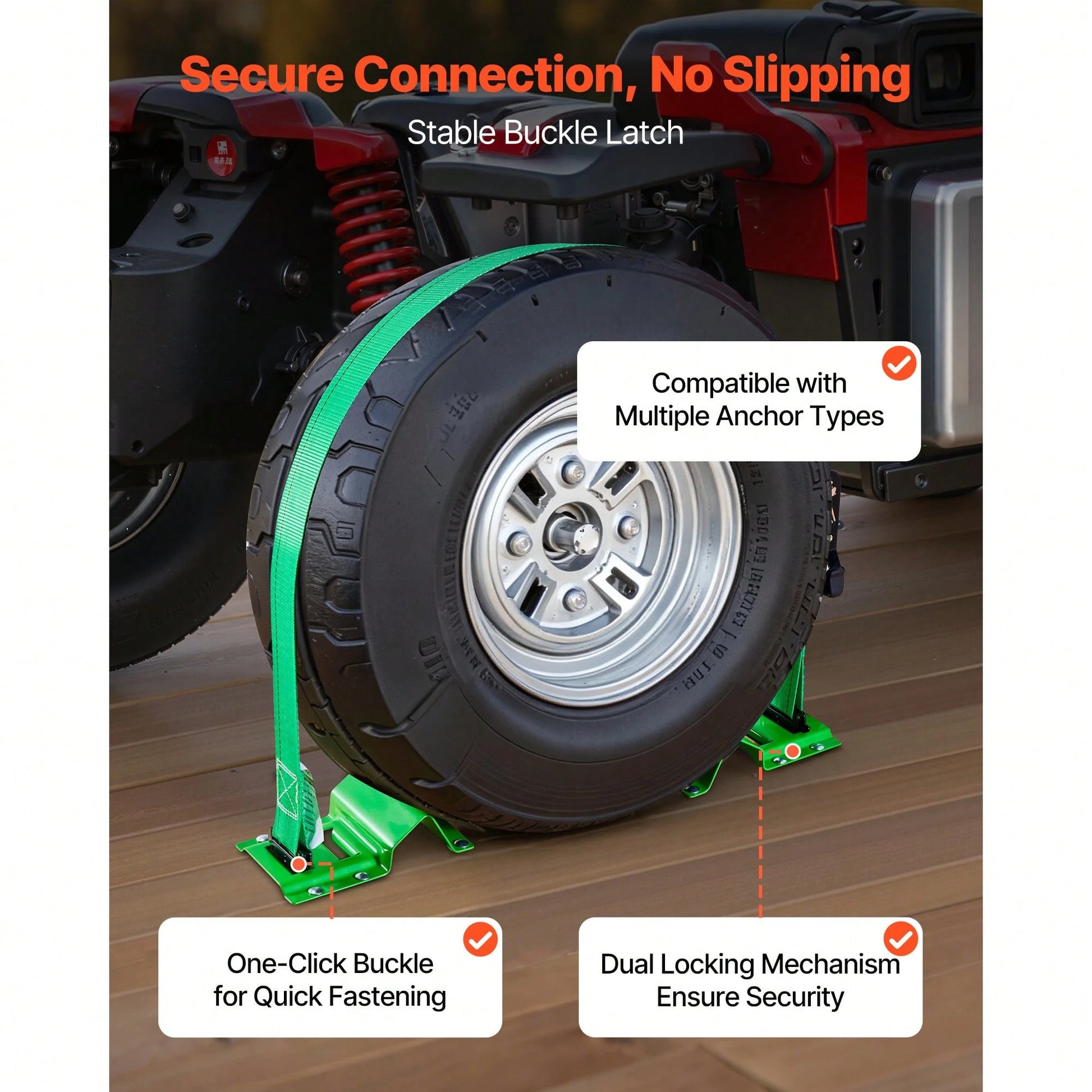 Wheel Chock Tie-Down Kit, Chock-Style Trailer Tie Down Strap, Car Tie Down Kit With Buckle, Break Strength 4380 Lbs & Working Load 1460 Lbs Motorcycle Tie-Down System For ATVs, UTVs & Trailers
