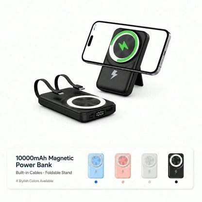 White 10000mAh Magnetic Wireless Power Bank With 15W Wireless And 22.5W Fast Charging, With Digital Power Screen, Green-Accent Magnetic Pad And Adjustable Stand For Video Calls, Made For IPhone 16 Thr