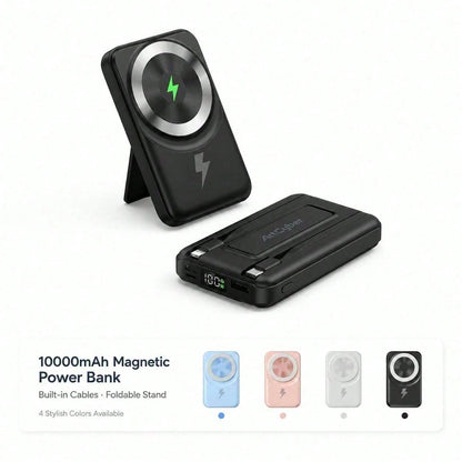 White 10000mAh Magnetic Wireless Power Bank With 15W Wireless And 22.5W Fast Charging, With Digital Power Screen, Green-Accent Magnetic Pad And Adjustable Stand For Video Calls, Made For IPhone 16 Thr