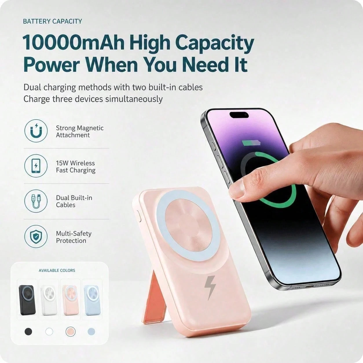 White 10000mAh Magnetic Wireless Power Bank With 15W Wireless And 22.5W Fast Charging, With Digital Power Screen, Green-Accent Magnetic Pad And Adjustable Stand For Video Calls, Made For IPhone 16 Thr
