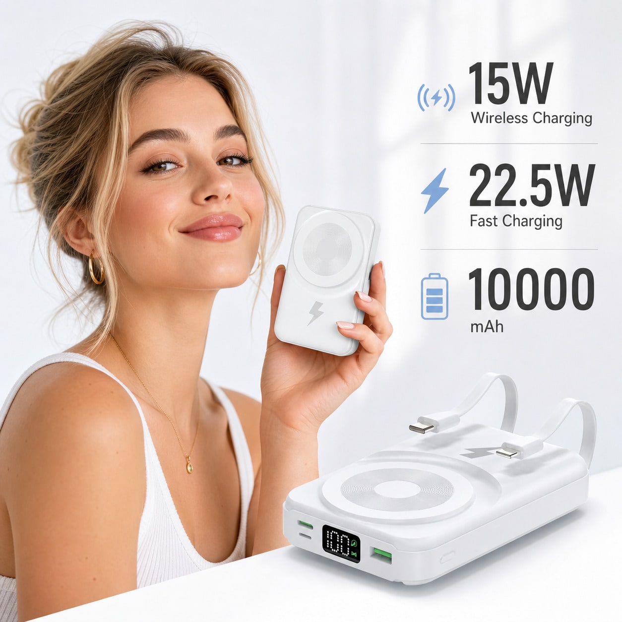 White 10000mAh Magnetic Wireless Power Bank With 15W Wireless And 22.5W Fast Charging, With Digital Power Screen, Green-Accent Magnetic Pad And Adjustable Stand For Video Calls, Made For IPhone 16 Thr