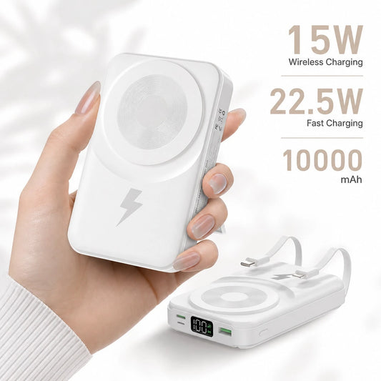 White And Green 10000mAh Magnetic Phone Charger With 15W Wireless And 22.5W Fast Charging, Featuring An LED Power Readout, Slim White Shell And Rear Stand For Hands-Free Viewing, Compatible With Selec