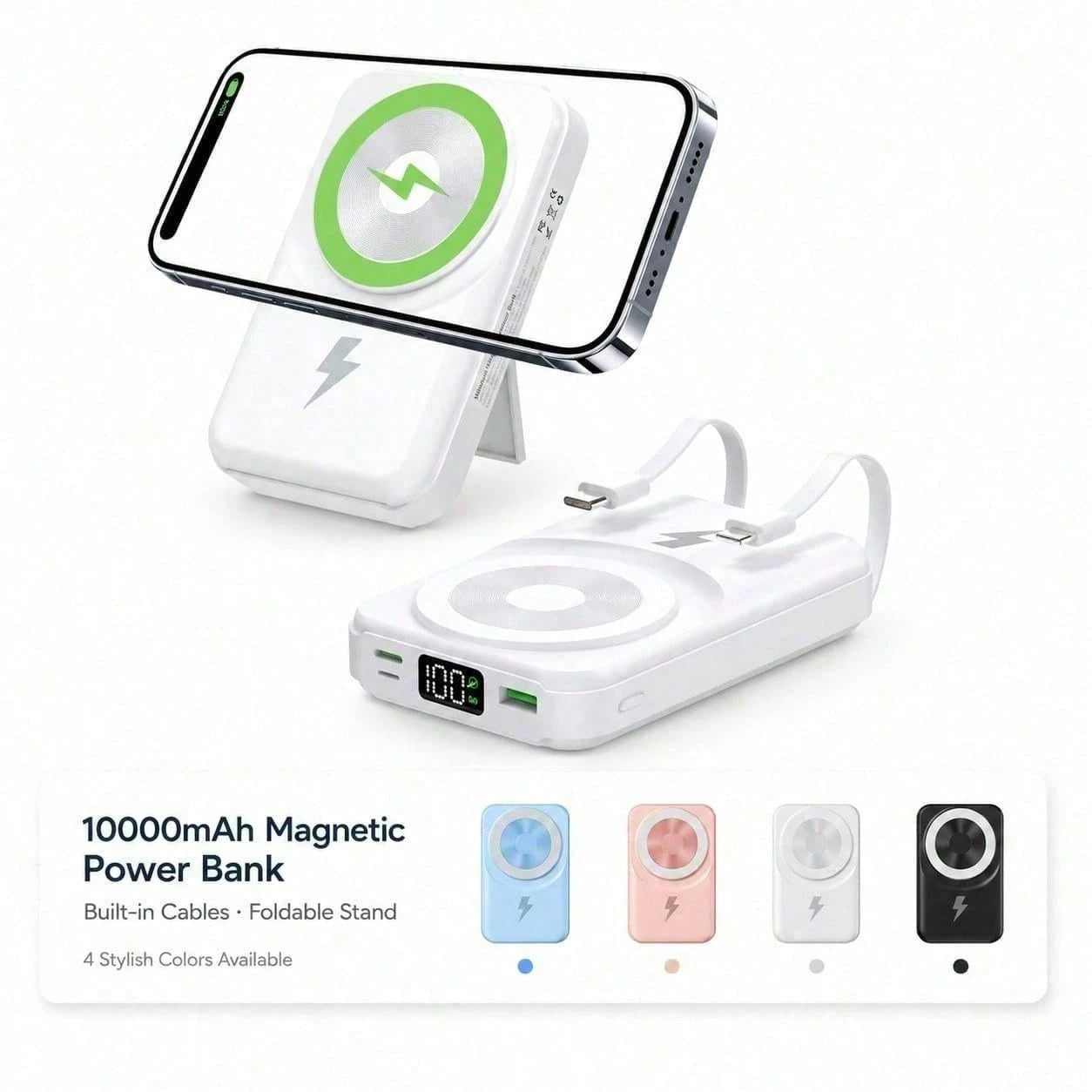 White And Green 10000mAh Magnetic Phone Charger With 15W Wireless And 22.5W Fast Charging, Featuring An LED Power Readout, Slim White Shell And Rear Stand For Hands-Free Viewing, Compatible With Selec