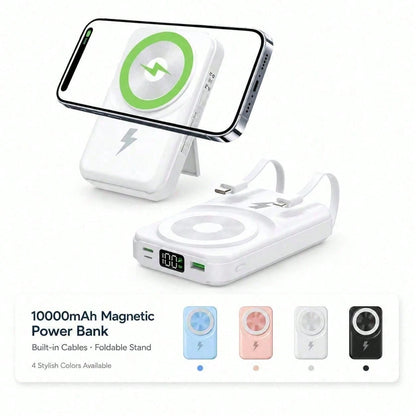 White And Green 10000mAh Magnetic Phone Charger With 15W Wireless And 22.5W Fast Charging, Featuring An LED Power Readout, Slim White Shell And Rear Stand For Hands-Free Viewing, Compatible With Selec
