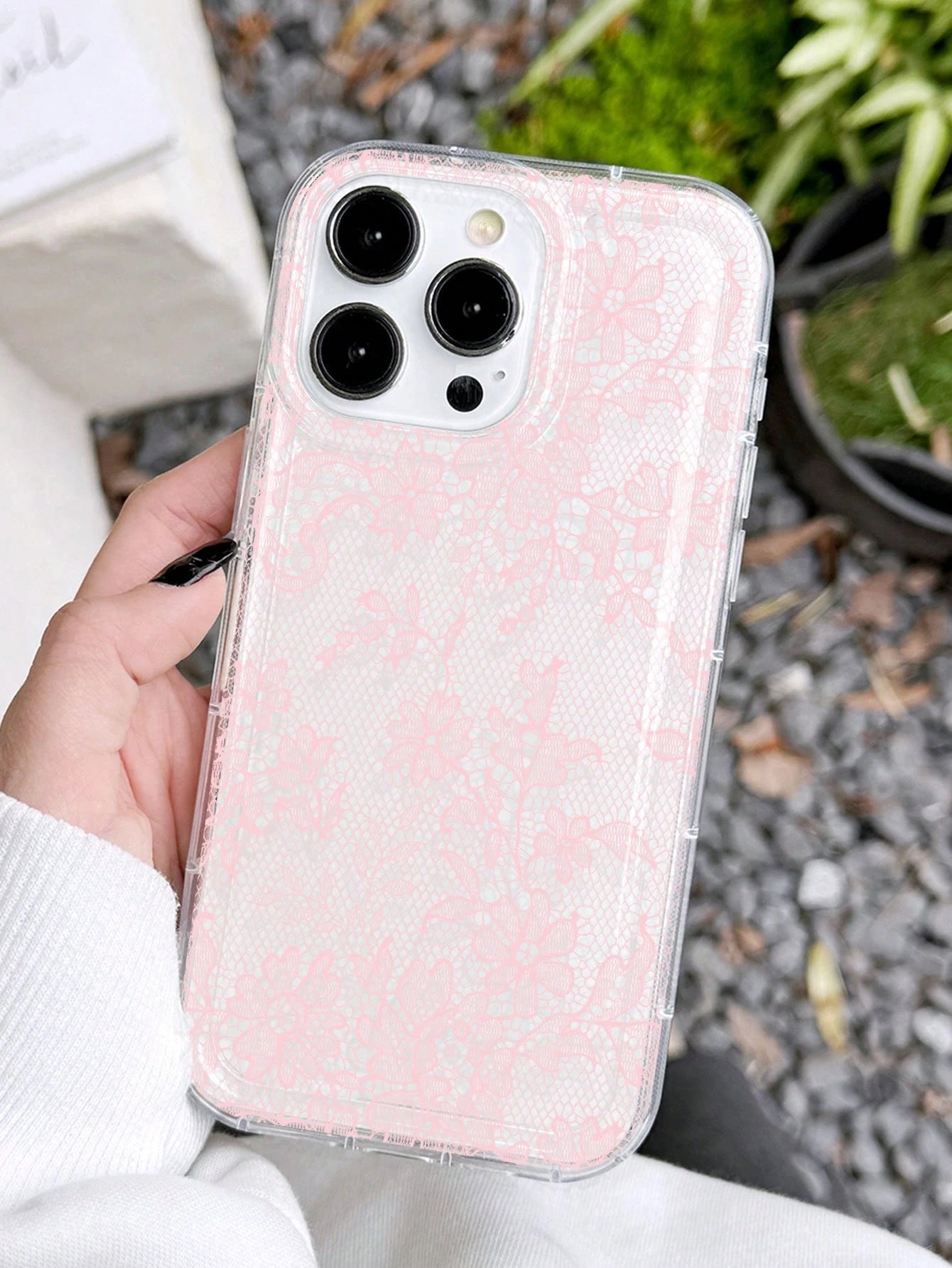 White Lace Element Transparent Air Cushion Soft 1pc Elegant Romantic Lace Pattern Anti-Slip Fashion Phone Case Compatible With IPhone 11/12/13/14/15/16 Pro Max Spring Gift Wedding Anniversary Party