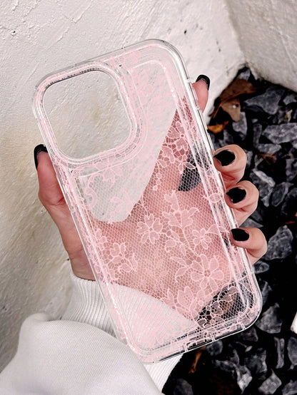 White Lace Element Transparent Air Cushion Soft 1pc Elegant Romantic Lace Pattern Anti-Slip Fashion Phone Case Compatible With IPhone 11/12/13/14/15/16 Pro Max Spring Gift Wedding Anniversary Party
