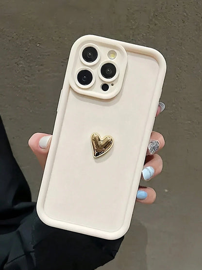 White Phone Case Luxury 3D Gold Heart Soft Phone Case, Compatible With IPhone 16 16Promax 16Pro 16plus XR 15 14 Pro Max 12 13 Pro 11, Anti-Drop Candy Protective Cover Waterproof Shockproof Scratch Res