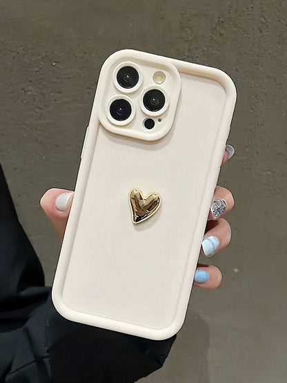 White Phone Case Luxury 3D Gold Heart Soft Phone Case, Compatible With IPhone 16 16Promax 16Pro 16plus XR 15 14 Pro Max 12 13 Pro 11, Anti-Drop Candy Protective Cover Waterproof Shockproof Scratch Res