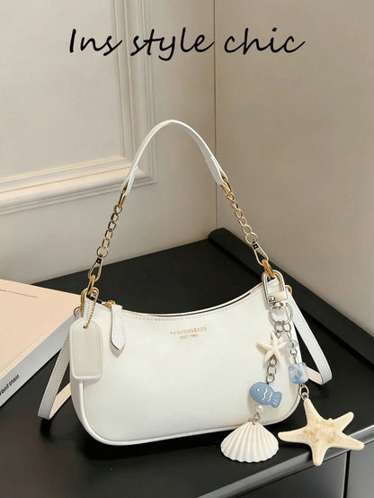 White Plain-Weave Women's Shoulder Bag  Attached Ocean-Themed Shell Pendant Design And Letter Decoration.
