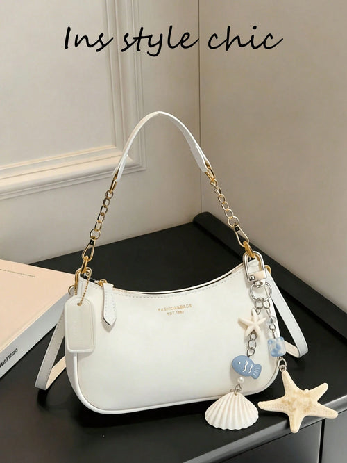 White Plain-Weave Women's Shoulder Bag  Attached Ocean-Themed Shell Pendant Design And Letter Decoration.