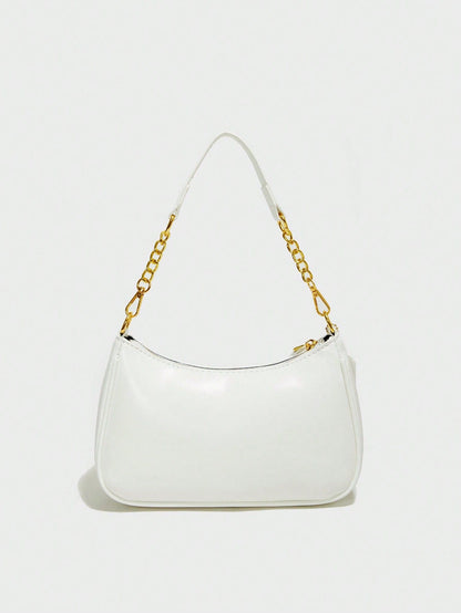 White Plain-Weave Women's Shoulder Bag  Attached Ocean-Themed Shell Pendant Design And Letter Decoration.