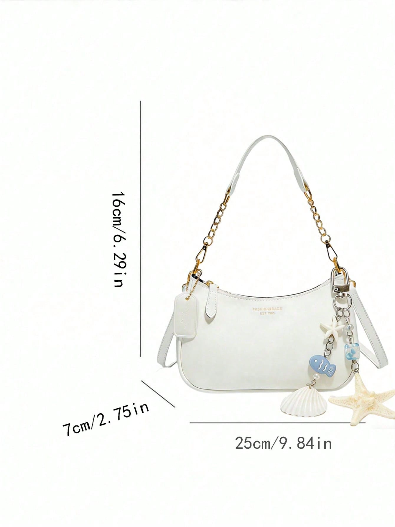 White Plain-Weave Women's Shoulder Bag  Attached Ocean-Themed Shell Pendant Design And Letter Decoration.
