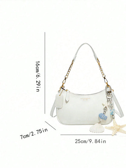 White Plain-Weave Women's Shoulder Bag  Attached Ocean-Themed Shell Pendant Design And Letter Decoration.