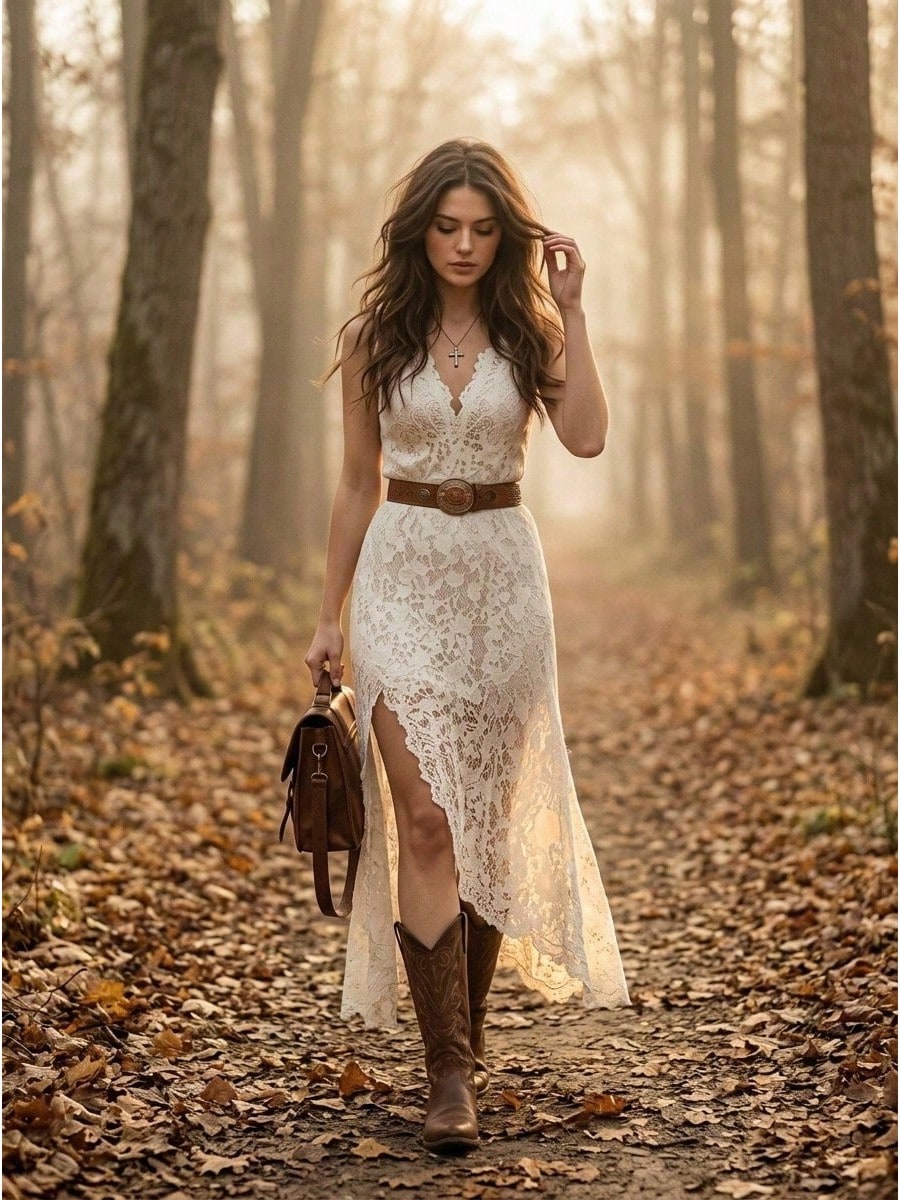 White V Neck Sleeveless Lace High Slit Maxi Dress Boho Western Country Wedding Music Festival Bridal Outfit