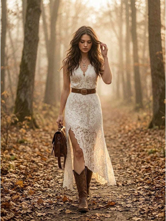 White V Neck Sleeveless Lace High Slit Maxi Dress Boho Western Country Wedding Music Festival Bridal Outfit