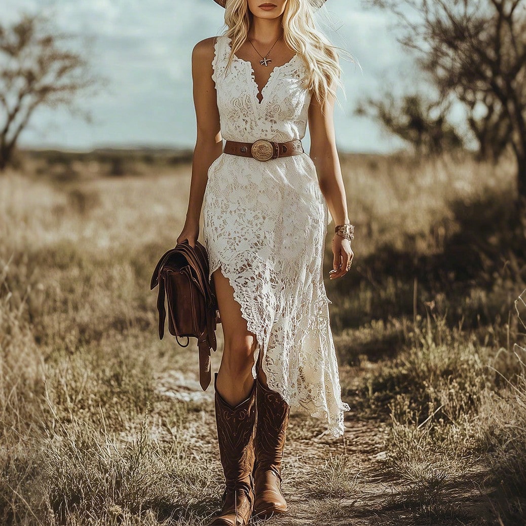 White V Neck Sleeveless Lace High Slit Maxi Dress Boho Western Country Wedding Music Festival Bridal Outfit