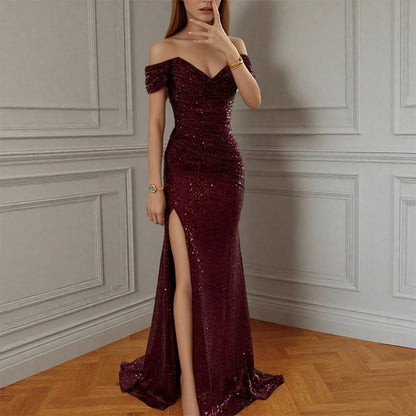 Wholesale European And American Women's Dresses, Sequined Off-Shoulder Slit Long Dress, Fashionable Party Dress, Sexy Formal Dress