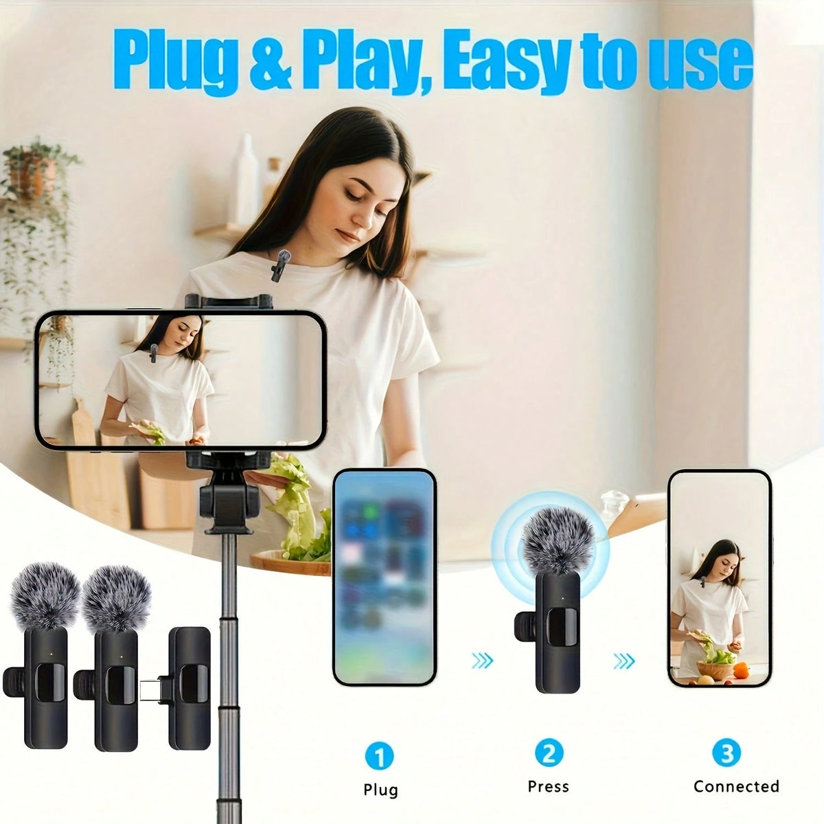 Wireless Lavalier Microphone System, Omnidirectional, USB-C, One-Key Recording, USB Charging, With Rechargeable Lithium-Polymer Battery, Suitable For Live Streaming And Video Conferencing, Wireless La
