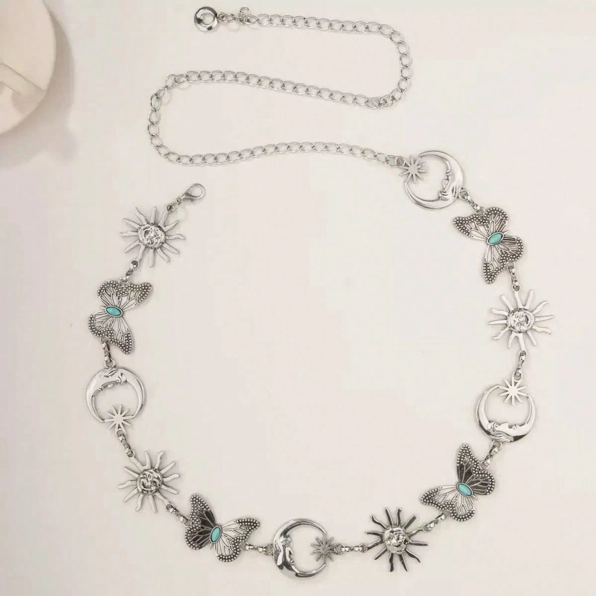Women Antique Gold Celestial Waist Chain Belt, Retro Sun Moon Turquoise Butterfly Charms Adjustable Metal Body Chain Belt Boho Western Dress Outfit Ac