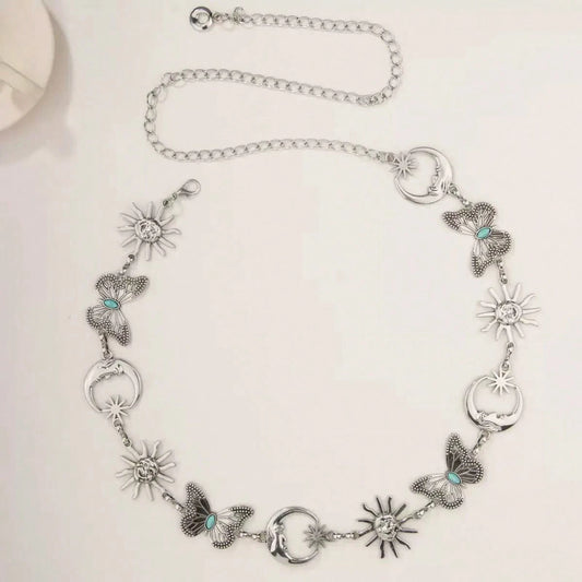 Women Antique Gold Celestial Waist Chain Belt, Retro Sun Moon Turquoise Butterfly Charms Adjustable Metal Body Chain Belt Boho Western Dress Outfit Ac