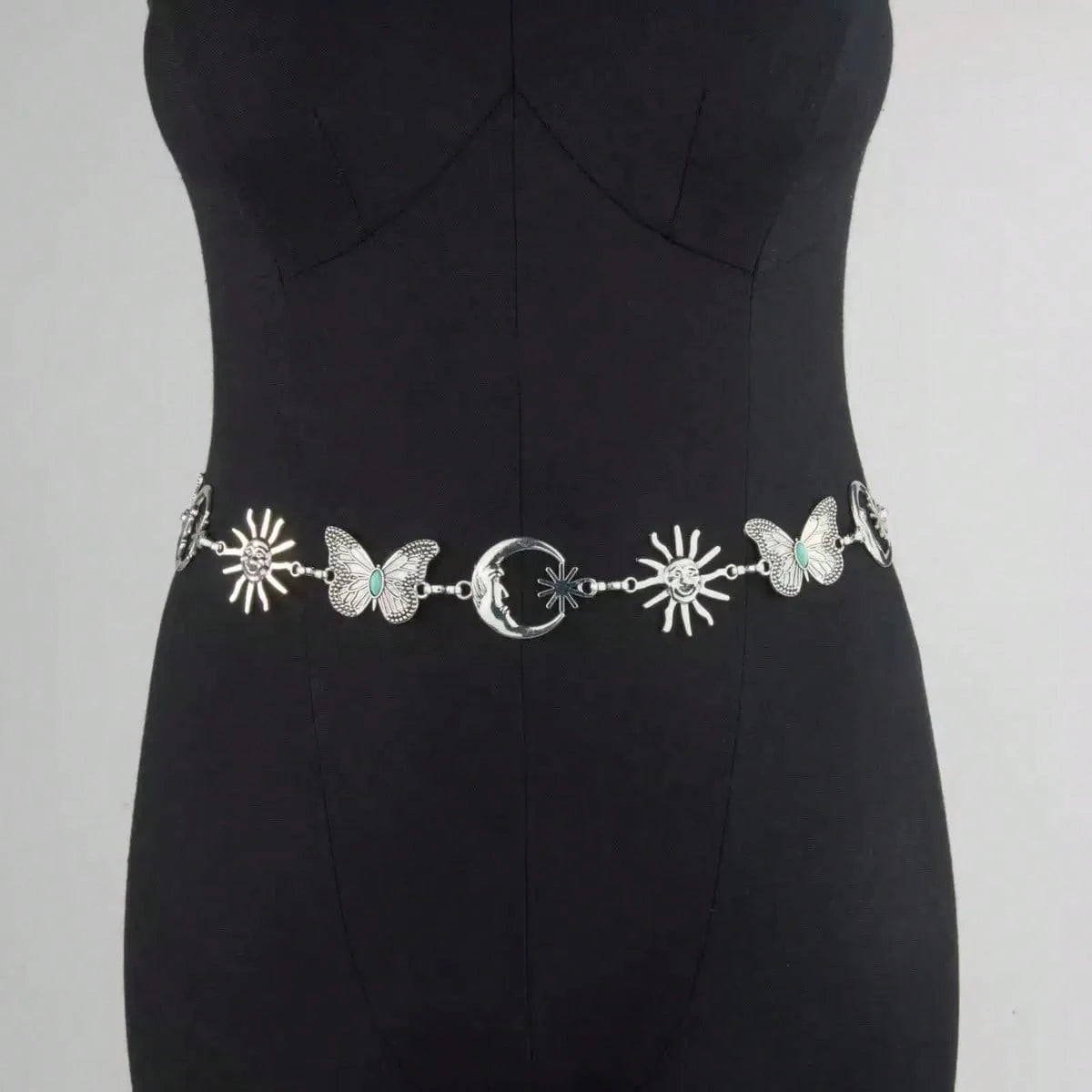 Women Antique Gold Celestial Waist Chain Belt, Retro Sun Moon Turquoise Butterfly Charms Adjustable Metal Body Chain Belt Boho Western Dress Outfit Ac