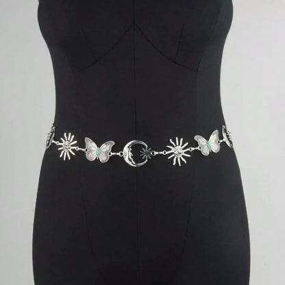Women Antique Gold Celestial Waist Chain Belt, Retro Sun Moon Turquoise Butterfly Charms Adjustable Metal Body Chain Belt Boho Western Dress Outfit Ac
