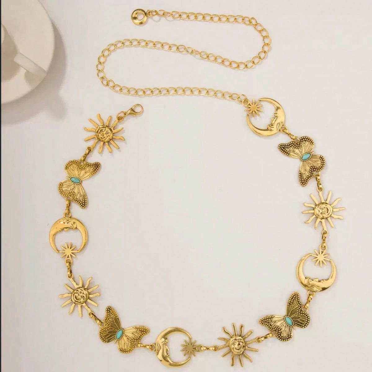 Women Antique Gold Celestial Waist Chain Belt, Retro Sun Moon Turquoise Butterfly Charms Adjustable Metal Body Chain Belt Boho Western Dress Outfit Ac