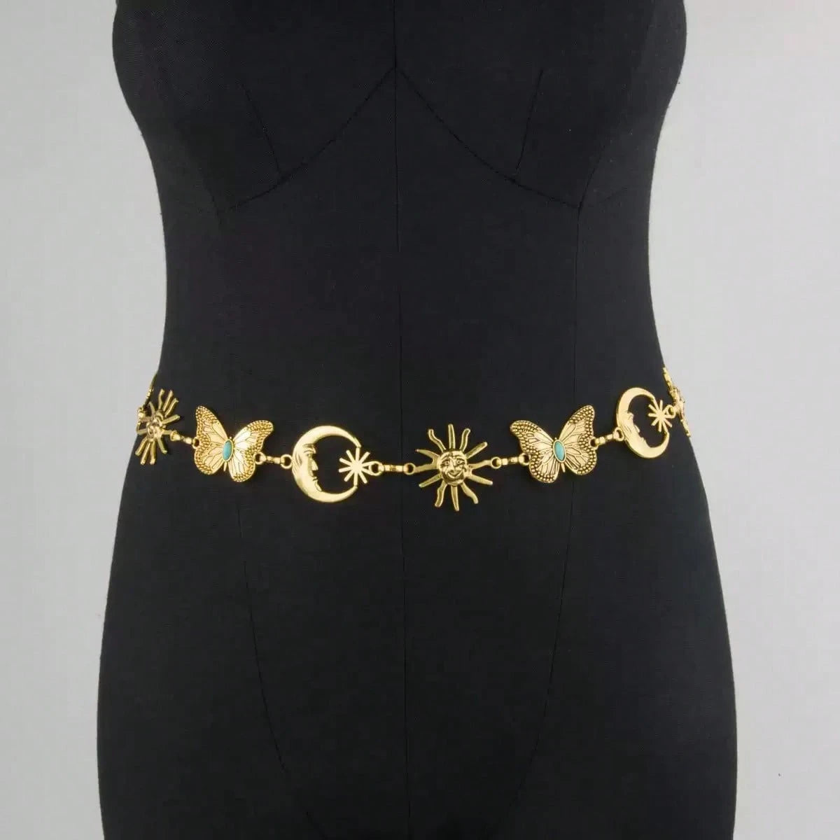 Women Antique Gold Celestial Waist Chain Belt, Retro Sun Moon Turquoise Butterfly Charms Adjustable Metal Body Chain Belt Boho Western Dress Outfit Ac