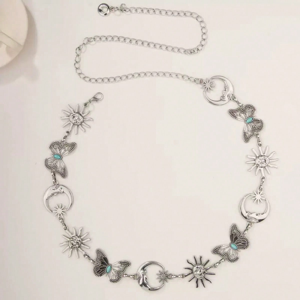 Women Antique Gold Celestial Waist Chain Belt, Retro Sun Moon Turquoise Butterfly Charms Adjustable Metal Body Chain Belt Boho Western Dress Outfit Ac
