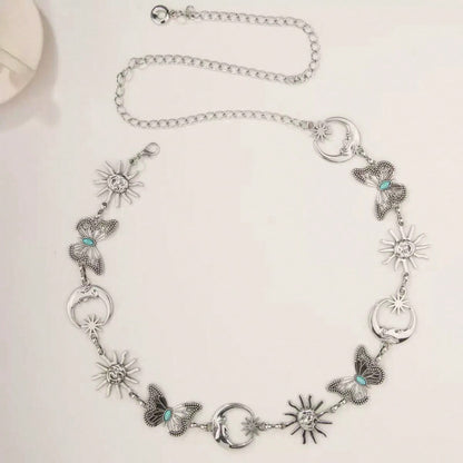Women Antique Gold Celestial Waist Chain Belt, Retro Sun Moon Turquoise Butterfly Charms Adjustable Metal Body Chain Belt Boho Western Dress Outfit Ac