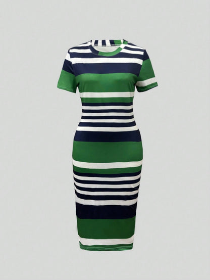 Women Casual Contrast Striped Bodycon Dress For Summer Elegant