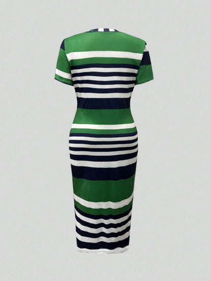 Women Casual Contrast Striped Bodycon Dress For Summer Elegant