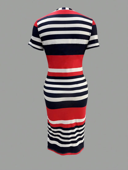 Women Casual Contrast Striped Bodycon Dress For Summer Elegant