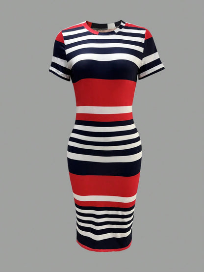 Women Casual Contrast Striped Bodycon Dress For Summer Elegant