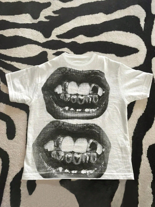 Women Casual Punk Round Neck Short Sleeve Lips Print Fashion Gothic Streetwear T-Shirt White Summer