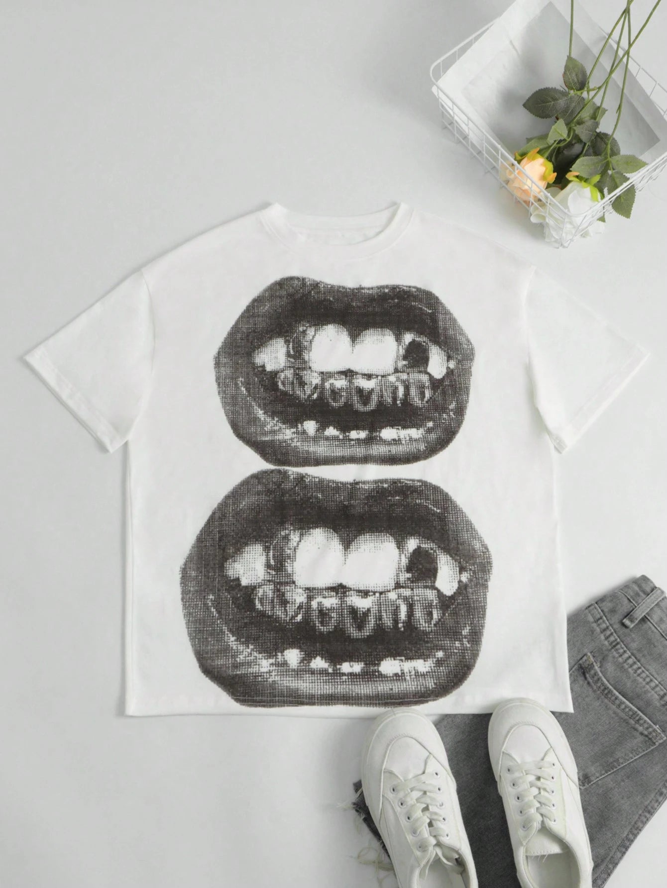 Women Casual Punk Round Neck Short Sleeve Lips Print Fashion Gothic Streetwear T-Shirt White Summer