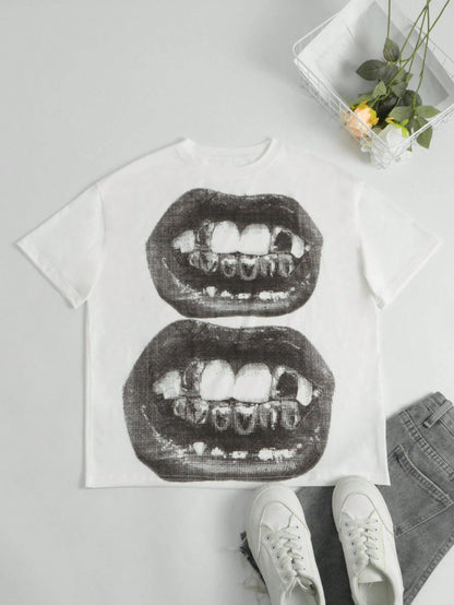 Women Casual Punk Round Neck Short Sleeve Lips Print Fashion Gothic Streetwear T-Shirt White Summer