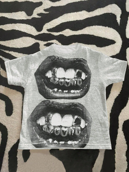 Women Casual Punk Round Neck Short Sleeve Lips Print Fashion Gothic Streetwear T-Shirt White Summer