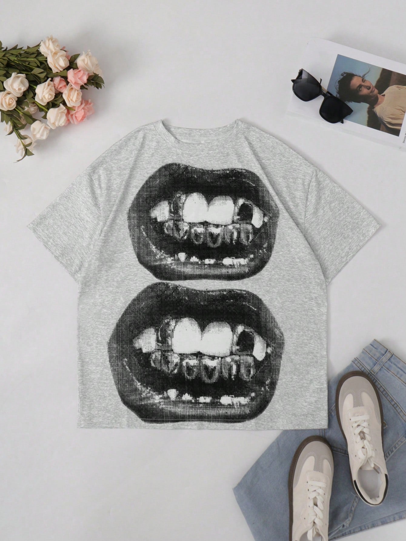 Women Casual Punk Round Neck Short Sleeve Lips Print Fashion Gothic Streetwear T-Shirt White Summer