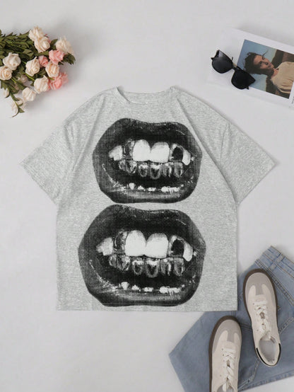 Women Casual Punk Round Neck Short Sleeve Lips Print Fashion Gothic Streetwear T-Shirt White Summer