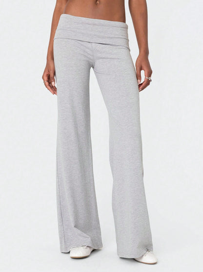 Women Fold Over Yoga Pants Low Rise Solid Color Stretch Casual Straight Wide Leg Palazzo Pants Loose Fit Comfy Flared Leggings Gym Lounge Pants Bootcut Bell Bottoms Baggy Sweatpants Teen Girl Back To