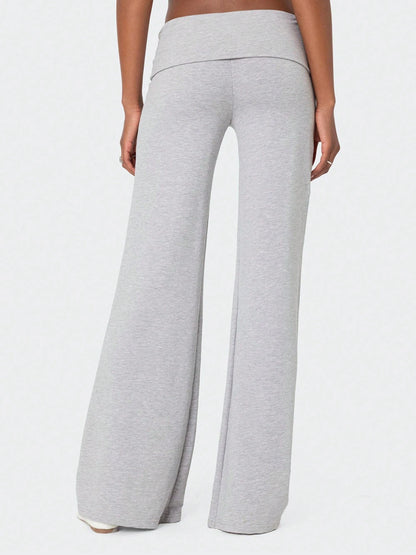 Women Fold Over Yoga Pants Low Rise Solid Color Stretch Casual Straight Wide Leg Palazzo Pants Loose Fit Comfy Flared Leggings Gym Lounge Pants Bootcut Bell Bottoms Baggy Sweatpants Teen Girl Back To